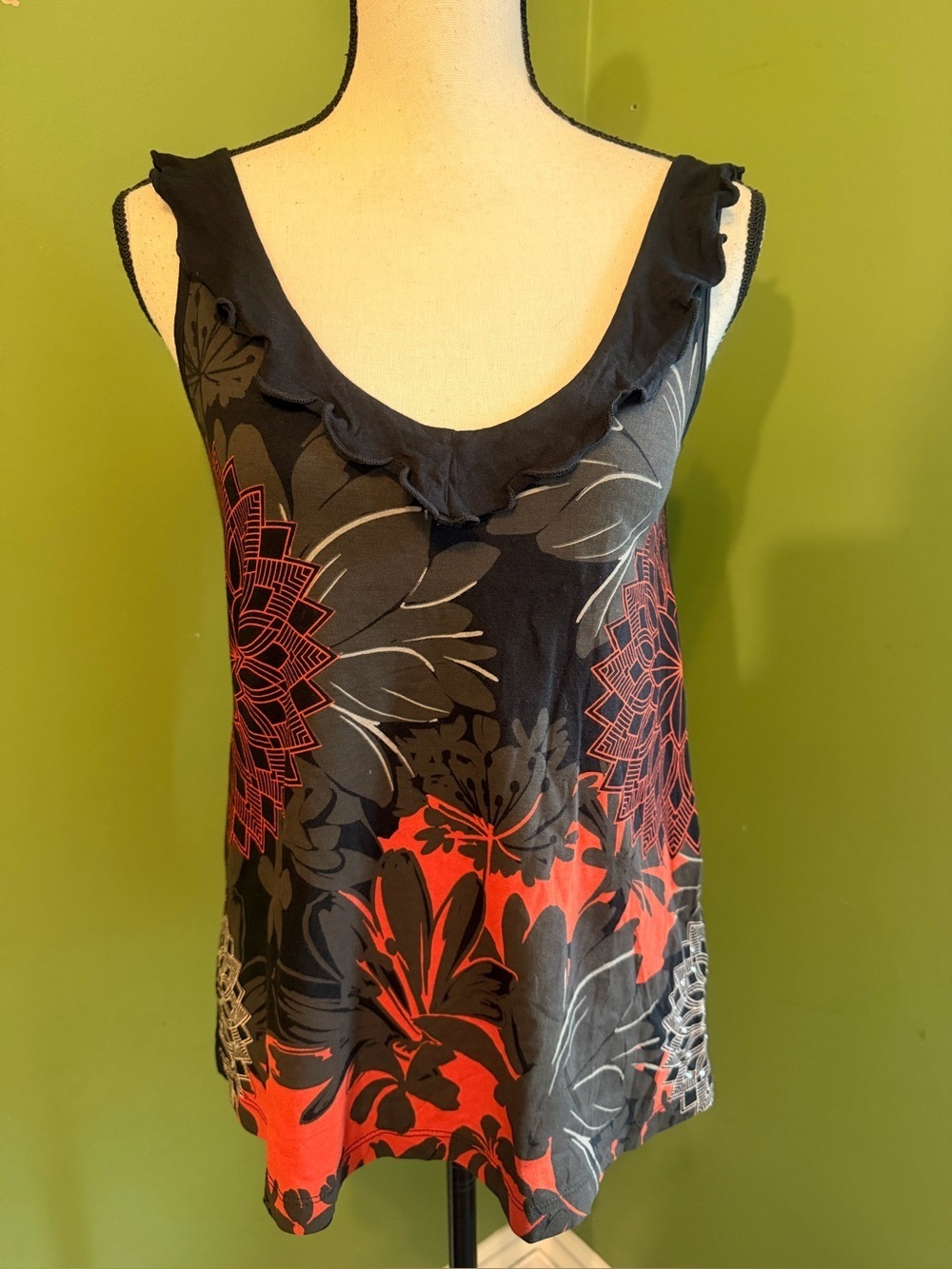 Desigual Black Floral V-Neck Camisole with Red and Gray Motif - Picture 3 of 11